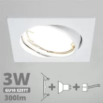   LED spot szett: fehér bill. keret, négyzet + 2,9 Wattos, természetes fehér GU10 LED lámpa + GU10 csatlakozó (kettesével rendelhető)