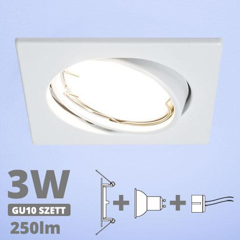 LED spot szett: fehér bill. keret, négyzet + 2,9 Wattos, hideg fehér GU10 LED lámpa + GU10 csatlakozó (kettesével rendelhető)