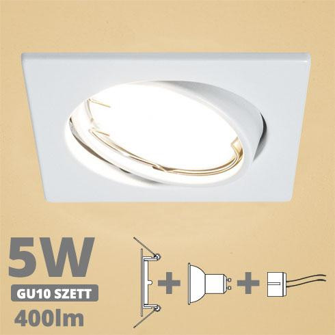 LED spot szett: fehér bill. keret, négyzet + 4,5 Wattos, meleg fehér GU10 LED lámpa + GU10 csatlakozó (kettesével rendelhető)