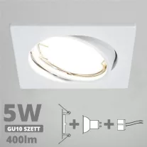   LED spot szett: fehér bill. keret, négyzet + 4,5 Wattos, természetes fehér GU10 LED lámpa + GU10 csatlakozó (kettesével rendelhető)