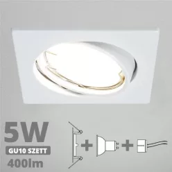   LED spot szett: fehér bill. keret, négyzet + 4,5 Wattos, természetes fehér GU10 LED lámpa + GU10 csatlakozó (kettesével rendelhető)