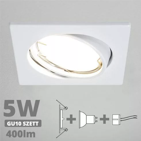 LED spot szett: fehér bill. keret, négyzet + 4,5 Wattos, természetes fehér GU10 LED lámpa + GU10 csatlakozó (kettesével rendelhető)