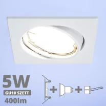   LED spot szett: fehér bill. keret, négyzet + 4,5 Wattos, hideg fehér GU10 LED lámpa + GU10 csatlakozó (kettesével rendelhető)