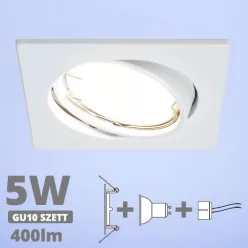   LED spot szett: fehér bill. keret, négyzet + 4,5 Wattos, hideg fehér GU10 LED lámpa + GU10 csatlakozó (kettesével rendelhető)