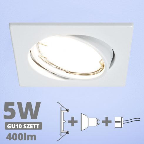 LED spot szett: fehér bill. keret, négyzet + 4,5 Wattos, hideg fehér GU10 LED lámpa + GU10 csatlakozó (kettesével rendelhető)