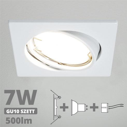 LED spot szett: fehér bill. keret, négyzet + 6,5 Wattos, természetes  fehér GU10 LED lámpa + GU10 csatlakozó (kettesével rendelhető)