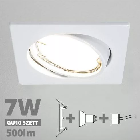 LED spot szett: fehér bill. keret, négyzet + 6,5 Wattos, természetes  fehér GU10 LED lámpa + GU10 csatlakozó (kettesével rendelhető)