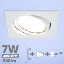   LED spot szett: fehér bill. keret, négyzet + 6,5 Wattos, hideg fehér GU10 LED lámpa + GU10 csatlakozó (kettesével rendelhető)