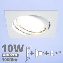   LED spot szett: fehér bill. keret, négyzet + 9,5 Wattos, hideg fehér GU10 LED lámpa + GU10 csatlakozó (kettesével rendelhető)