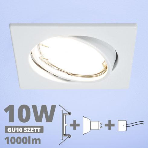 LED spot szett: fehér bill. keret, négyzet + 9,5 Wattos, hideg fehér GU10 LED lámpa + GU10 csatlakozó (kettesével rendelhető)