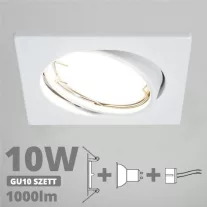   LED spot szett: fehér bill. keret, négyzet + 9,5 Wattos, természetes fehér GU10 LED lámpa + GU10 csatlakozó (kettesével rendelhető)