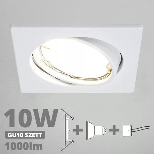 LED spot szett: fehér bill. keret, négyzet + 9,5 Wattos, természetes fehér GU10 LED lámpa + GU10 csatlakozó (kettesével rendelhető)