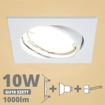   LED spot szett: fehér bill. keret, négyzet + 9,5 Wattos, meleg fehér GU10 LED lámpa + GU10 csatlakozó (kettesével rendelhető)