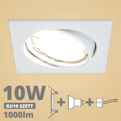 LED spot szett: fehér bill. keret, négyzet + 9,5 Wattos, meleg fehér GU10 LED lámpa + GU10 csatlakozó (kettesével rendelhető)