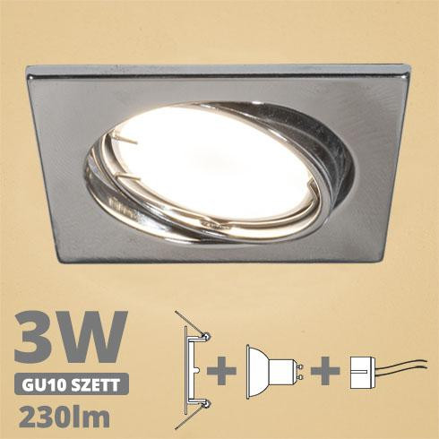 LED spot szett: króm bill. keret, négyzet + 2,9 Wattos, meleg fehér GU10 LED lámpa + GU10 csatlakozó (kettesével rendelhető)