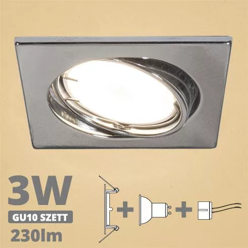 LED spot szett: króm bill. keret, négyzet + 2,9 Wattos, meleg fehér GU10 LED lámpa + GU10 csatlakozó (kettesével rendelhető)