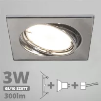   LED spot szett: króm bill. keret, négyzet + 2,9 Wattos, természetes fehér GU10 LED lámpa + GU10 csatlakozó (kettesével rendelhető)
