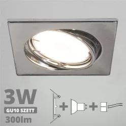   LED spot szett: króm bill. keret, négyzet + 2,9 Wattos, természetes fehér GU10 LED lámpa + GU10 csatlakozó (kettesével rendelhető)