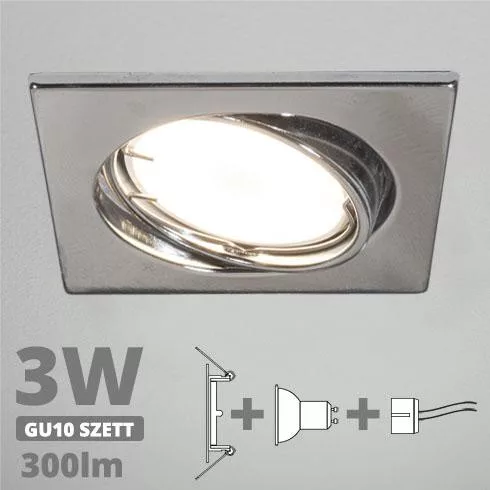 LED spot szett: króm bill. keret, négyzet + 2,9 Wattos, természetes fehér GU10 LED lámpa + GU10 csatlakozó (kettesével rendelhető)