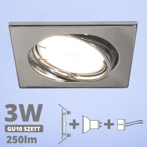 LED spot szett: króm bill. keret, négyzet + 2,9 Wattos, hideg fehér GU10 LED lámpa + GU10 csatlakozó (kettesével rendelhető)