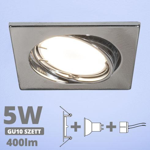LED spot szett: króm bill. keret, négyzet + 4,5 Wattos, hideg fehér GU10 LED lámpa + GU10 csatlakozó (kettesével rendelhető)