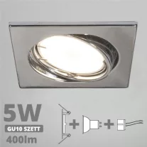   LED spot szett: króm bill. keret, négyzet + 4,5 Wattos, természetes fehér GU10 LED lámpa + GU10 csatlakozó (kettesével rendelhető)