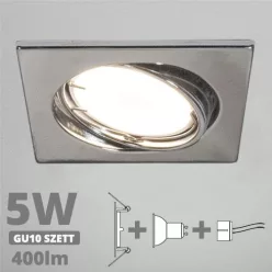   LED spot szett: króm bill. keret, négyzet + 4,5 Wattos, természetes fehér GU10 LED lámpa + GU10 csatlakozó (kettesével rendelhető)