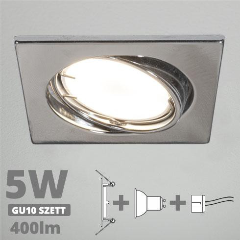 LED spot szett: króm bill. keret, négyzet + 4,5 Wattos, természetes fehér GU10 LED lámpa + GU10 csatlakozó (kettesével rendelhető)