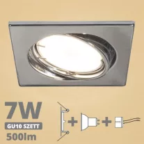   LED spot szett: króm bill. keret, négyzet + 6,5 Wattos, meleg fehér GU10 LED lámpa + GU10 csatlakozó (kettesével rendelhető)
