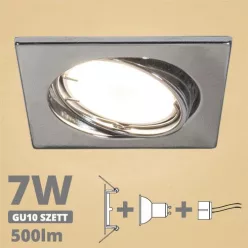   LED spot szett: króm bill. keret, négyzet + 6,5 Wattos, meleg fehér GU10 LED lámpa + GU10 csatlakozó (kettesével rendelhető)