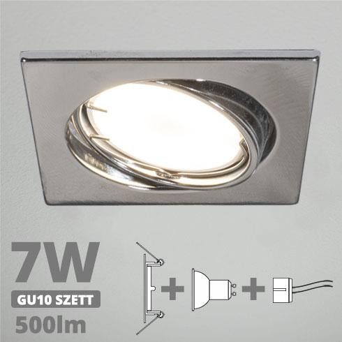 LED spot szett: króm bill. keret, négyzet + 6,5 Wattos, természetes fehér GU10 LED lámpa + GU10 csatlakozó (kettesével rendelhető)