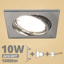   LED spot szett: króm bill. keret, négyzet + 9,5 Wattos, meleg fehér GU10 LED lámpa + GU10 csatlakozó (kettesével rendelhető)