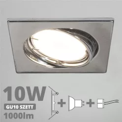   LED spot szett: króm bill. keret, négyzet + 9,5 Wattos, természetes fehér GU10 LED lámpa + GU10 csatlakozó (kettesével rendelhető)