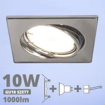   LED spot szett: króm bill. keret, négyzet + 9,5 Wattos, hideg fehér GU10 LED lámpa + GU10 csatlakozó (kettesével rendelhető)