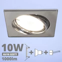   LED spot szett: króm bill. keret, négyzet + 9,5 Wattos, hideg fehér GU10 LED lámpa + GU10 csatlakozó (kettesével rendelhető)