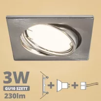   LED spot szett: mattkróm bill. keret, négyzet + 2,9 Wattos, meleg fehér GU10 LED lámpa + GU10 csatlakozó (kettesével rendelhető)