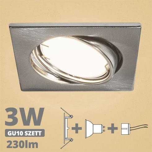 LED spot szett: mattkróm bill. keret, négyzet + 2,9 Wattos, meleg fehér GU10 LED lámpa + GU10 csatlakozó (kettesével rendelhető)