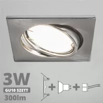   LED spot szett: mattkróm bill. keret, négyzet + 2,9 Wattos, természetes fehér GU10 LED lámpa + GU10 csatlakozó (kettesével rendelhető)