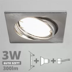   LED spot szett: mattkróm bill. keret, négyzet + 2,9 Wattos, természetes fehér GU10 LED lámpa + GU10 csatlakozó (kettesével rendelhető)