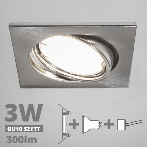 LED spot szett: mattkróm bill. keret, négyzet + 2,9 Wattos, természetes fehér GU10 LED lámpa + GU10 csatlakozó (kettesével rendelhető)