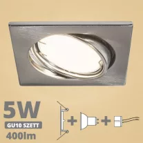   LED spot szett: mattkróm bill. keret, négyzet + 4,5 Wattos, meleg fehér GU10 LED lámpa + GU10 csatlakozó (kettesével rendelhető)