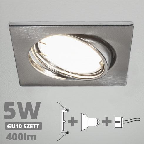 LED spot szett: mattkróm bill. keret, négyzet + 4,5 Wattos, természetes fehér GU10 LED lámpa + GU10 csatlakozó (kettesével rendelhető)