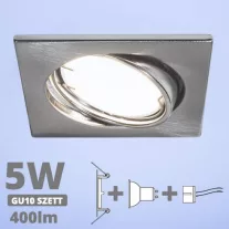   LED spot szett: mattkróm bill. keret, négyzet + 4,5 Wattos, hideg fehér GU10 LED lámpa + GU10 csatlakozó (kettesével rendelhető)