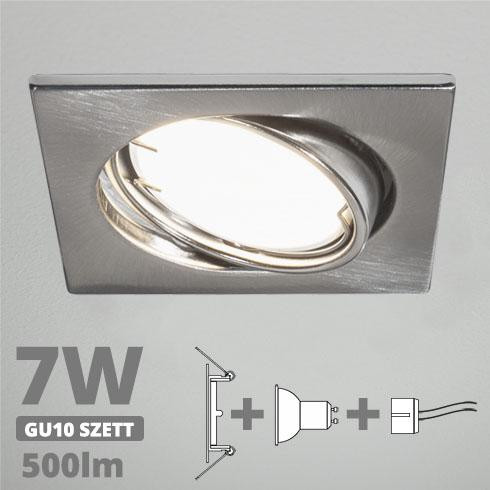 LED spot szett: mattkróm bill. keret, négyzet + 6,5 Wattos, természetes fehér GU10 LED lámpa + GU10 csatlakozó (kettesével rendelhető)