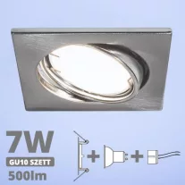   LED spot szett: mattkróm bill. keret, négyzet + 6,5 Wattos, hideg fehér GU10 LED lámpa + GU10 csatlakozó (kettesével rendelhető)