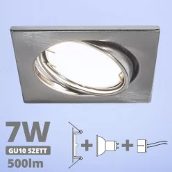   LED spot szett: mattkróm bill. keret, négyzet + 6,5 Wattos, hideg fehér GU10 LED lámpa + GU10 csatlakozó (kettesével rendelhető)