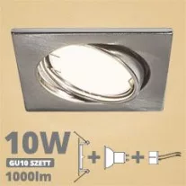   LED spot szett: mattkróm bill. keret, négyzet + 9,5 Wattos, meleg fehér GU10 LED lámpa + GU10 csatlakozó (kettesével rendelhető)