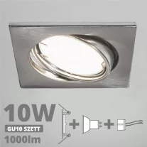   LED spot szett: mattkróm bill. keret, négyzet + 9,5 Wattos, természetes fehér GU10 LED lámpa + GU10 csatlakozó (kettesével rendelhető)