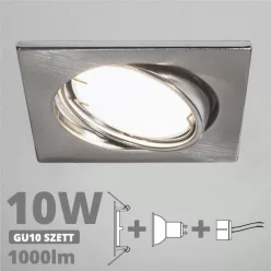   LED spot szett: mattkróm bill. keret, négyzet + 9,5 Wattos, természetes fehér GU10 LED lámpa + GU10 csatlakozó (kettesével rendelhető)