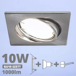   LED spot szett: mattkróm bill. keret, négyzet + 9,5 Wattos, hideg fehér GU10 LED lámpa + GU10 csatlakozó (kettesével rendelhető)